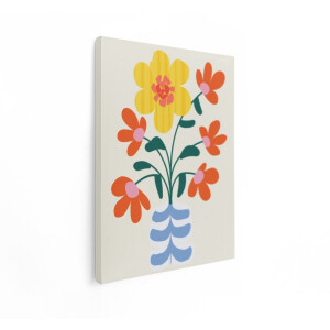 Artaza Canvas Schilderij Vrolijke Bloemen in een Gestreepte Vaas - Heldere Kleuren en Speelse Vormen - 30x40 cm - Klein - Wanddecoratie Woonkamer - Schilderijen - Muurdecoratie