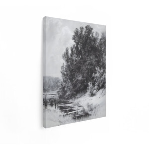 Artaza Canvas Schilderij Houtskooltekening van een Serene Bosstroom met Hoge Bomen en een Bewolkte Lucht - 30x40 cm - Klein - Wanddecoratie Woonkamer - Schilderijen - Muurdecoratie