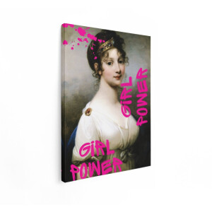 Artaza Canvas Schilderij Klassiek Portret van een Vrouw met Moderne 'Girl Power' Tekst in Felroze - 90x120 cm - Groot - Wanddecoratie Woonkamer - Schilderijen - Muurdecoratie