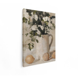 Artaza Canvas Schilderij Stilleven - 60x80 cm - Wanddecoratie Witte Bloemen - Muurdecoratie Landelijk - Decoratie Citroenen Karaf