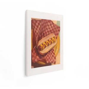 Artaza Canvas Schilderij Geverfde Hotdog met Mosterd op een Geruite Servet - een Culinair Kunstwerk - 90x120 cm - Groot - Wanddecoratie Woonkamer - Schilderijen - Muurdecoratie