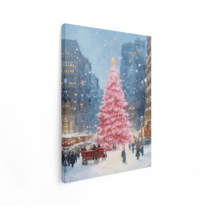 Artaza Canvas Schilderij Kerstboom - 60x80 cm - Wanddecoratie Kerst - Muurdecoratie Vintage - Schilderij New York - Roze
