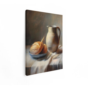 Artaza Canvas Schilderij Stilleven - 60x80 cm - Wanddecoratie Oude Meesters - Muurdecoratie Brood En Kruik - Decoratie Klassiek