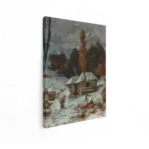 Artaza Canvas Schilderij Schilderij van een Besneeuwd Dorp met een Vrouw Die Hout Draagt - 30x40 cm - Klein - Wanddecoratie Woonkamer - Schilderijen - Muurdecoratie