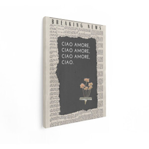 Artaza Canvas Schilderij Ciao Amore - 90x120 cm - Wanddecoratie Vintage Krant - Muurdecoratie Gedroogde Bloemen - Decoratie Boho