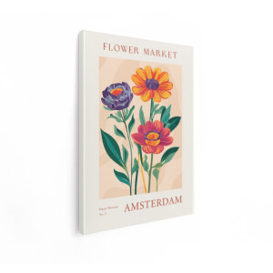 Artaza Canvas Schilderij Bloemenmarkt Poster met Levendige Bloemen en Tekst 'Amsterdam' - 30x40 cm - Klein - Wanddecoratie Woonkamer - Schilderijen - Muurdecoratie