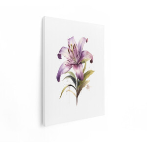 Artaza Canvas Schilderij Fijne Paarse Leliebloem met Groene Bladeren en Aquarelspatten - 60x80 cm - Wanddecoratie Woonkamer - Schilderijen - Muurdecoratie