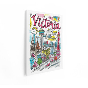 Artaza Canvas Schilderij Vrolijke Illustratie van de Stad Victoria met Iconische Gebouwen en Voertuigen - 90x120 cm - Groot - Wanddecoratie Woonkamer - Schilderijen - Muurdecoratie