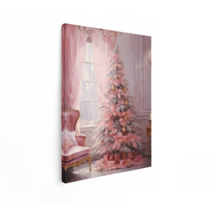 Artaza Canvas Schilderij Roze Kerstboom - 90x120 cm - Wanddecoratie Kerst - Muurdecoratie Vintage - Decoratie Woonkamer - Goud