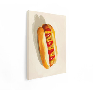 Artaza Canvas Schilderij Geverfde Hotdog met Ketchup en Mosterd - een Klassieke Snack - 60x80 cm - Wanddecoratie Woonkamer - Schilderijen - Muurdecoratie
