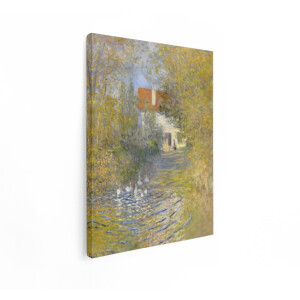 Artaza Canvas Schilderij Impressionistisch Schilderij van Ganzen in een Waterweg met een Huis op de Achtergrond - 90x120 cm - Groot - Wanddecoratie Woonkamer - Schilderijen - Muurdecoratie