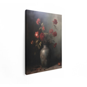Artaza Canvas Schilderij Stilleven - 60x80 cm - Wanddecoratie Rode Bloemen - Muurdecoratie Vintage - Decoratie Antieke Vaas - Brocante