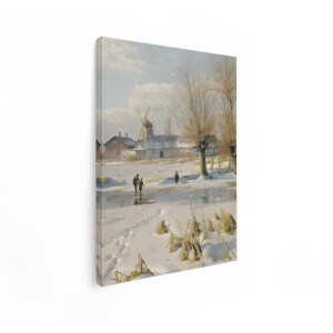 Artaza Canvas Schilderij Kinderen Schaatsen op Bevroren Water bij een Molen in de Winterse Sneeuw - 90x120 cm - Groot - Wanddecoratie Woonkamer - Schilderijen - Muurdecoratie