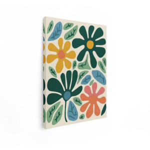Artaza Canvas Schilderij Abstract Bloemen en Bladeren in een Speels - Retro Patroon - 60x80 cm - Wanddecoratie Woonkamer - Schilderijen - Muurdecoratie