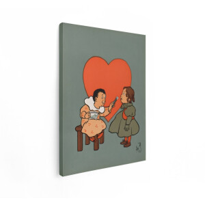 Artaza Canvas Schilderij Twee Kinderen Delen een Traktatie voor een Grote Rode Hartvormige Achtergrond - 30x40 cm - Klein - Wanddecoratie Woonkamer - Schilderijen - Muurdecoratie