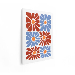 Artaza Canvas Schilderij Abstract Bloemenpatroon met Retro Kleurenpalet van Oranje - Blauw en Rood - 60x80 cm - Wanddecoratie Woonkamer - Schilderijen - Muurdecoratie