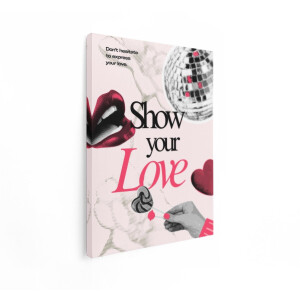 Artaza Canvas Schilderij Show Your Love - 60x80 cm - Wanddecoratie Retro Collage - Muurdecoratie Lippen Hart - Decoratie Roze