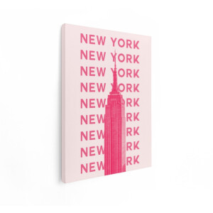 Artaza Canvas Schilderij Empire State Building in New York City met Herhalende Tekst in Roze - 60x80 cm - Wanddecoratie Woonkamer - Schilderijen - Muurdecoratie