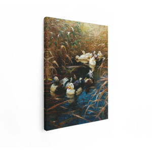 Artaza Canvas Schilderij Schilderij van Eenden Die Zwemmen in Riet - een Klassieke Olieverfschilderij - 30x40 cm - Klein - Wanddecoratie Woonkamer - Schilderijen - Muurdecoratie