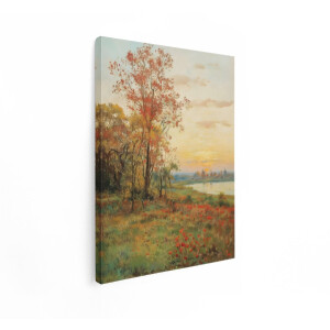 Artaza Canvas Schilderij Klaprozen - 30x40 cm - Wanddecoratie Landschap Rivier - Muurdecoratie Natuur - Decoratie Herfst Zonsondergang