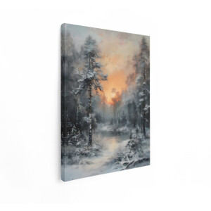 Artaza Canvas Schilderij Winter Boslandschap - 60x80 cm - Wanddecoratie Natuur - Muurdecoratie Zonsopgang - Schilderijen Bevroren Meer