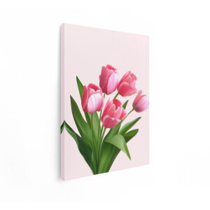 Artaza Canvas Schilderij Boeket Roze Tulpen met Groene Bladeren op een Zachte Achtergrond - 90x120 cm - Groot - Wanddecoratie Woonkamer - Schilderijen - Muurdecoratie