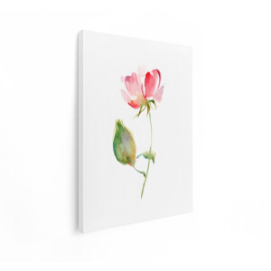 Artaza Canvas Schilderij Delicaat Aquarelschilderij van een Enkele Roze Roos met een Groene Knop op een Witte Achtergrond - 30x40 cm - Klein - Wanddecoratie Woonkamer - Schilderijen - Muurdecoratie