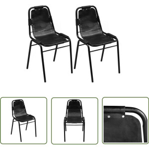 vidaXL Eetkamerstoelen - 2 stuks - Echt leer - Zwart Industriële Eetkamerstoel - Leren Eetkamerstoel - Zwarte Eetkamerstoel - Eetkamerstoelen Set - Design Eetkamerstoel