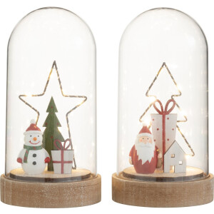 J-Line decoratie Stolp Boom/Ster - hout/glas - mix - 2 stuks - LED lichtjes