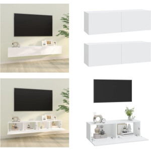 vidaXL Tv-wandmeubels 2 st 100x30x30 cm bewerkt hout wit - Tv-kast - Tv-kasten - Tv-meubel - Tv-meubel Met LED-verlichting