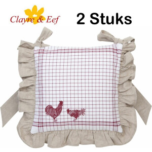 Kussenhoes Voor Stoelkussens - 100 % Katoen - Landelijk - geruit - Kippen & Hanen - Country Side Chicken - Katoen -  40 x 40 cm - 2 Stuks