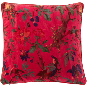 J-Line kussen Vogels Bloemen - katoen/fluweel - roze