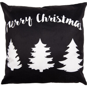 Clayre & Eef Kussenhoes 45x45 cm Zwart Wit Polyester Vierkant Kerstboom Merry Christmas Sierkussenhoes
