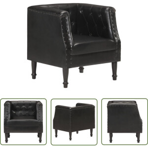 vidaXL Lederen Fauteuil - Retro Fauteuil - Fauteuil echt leer zwart - Mangohouten Fauteuil - Zwarte Fauteuil - Lounge Stoel