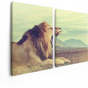 Artaza Canvas Schilderij Tweeluik Brullende Leeuw - 120x80 - Foto Op Canvas - Canvas Print