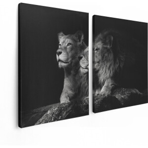 Artaza Canvas Schilderij Tweeluik Leeuw En Leeuwin - Zwart Wit - 120x80 cm - Wanddecoratie Woonkamer - Schilderijen - Muurdecoratie