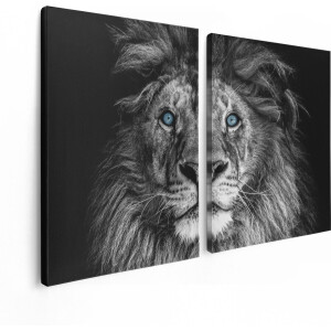 Artaza Canvas Schilderij Tweeluik Leeuw Met Blauwe Ogen - Zwart Wit - 120x80 - Foto Op Canvas - Canvas Print