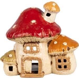 Clayre & Eef Waxinelichthouder Paddenstoel 17x12x16 cm Beige Rood Keramiek Herfst decoratie