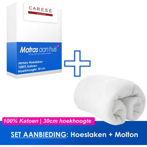SET Hoeslaken en Molton | 140x210/220 cm | 100% katoen | 30 cm hoog | kleur wit