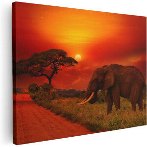 Artaza Canvas Schilderij Zonsondergang Afrika - 40x30 cm - Klein - Wanddecoratie Olifant - Muurdecoratie Dieren - Schilderijen Op Canvas