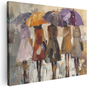 Artaza Canvas Schilderij Vrouwen met Paraplu’s in de Regen - 80x60 cm - Wanddecoratie Woonkamer - Schilderijen - Muurdecoratie