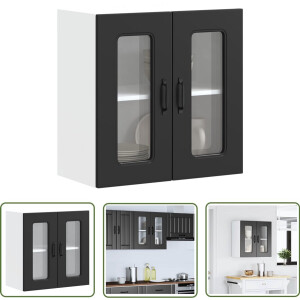vidaXL Wandkast - Keukenkast - Keukenwandkast met glazen deur Kalmar bewerkt hout zwart - Houten Kast - Zwarte Kast - Glazen Deur
