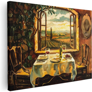 Artaza Canvas Schilderij Tafel met Wijn en Uitzicht op Toscane - 40x30 cm - Klein - Wanddecoratie Woonkamer - Schilderijen - Muurdecoratie
