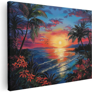 Artaza Canvas Schilderij Tropische Zonsondergang met Palmbomen en Bloemen - Bloemen - 80x60 cm - Wanddecoratie Woonkamer - Schilderijen - Muurdecoratie