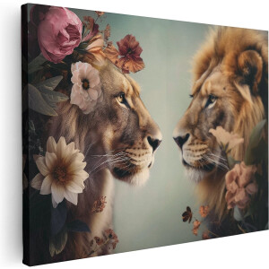 Artaza Canvas Schilderij Twee Leeuwen die Elkaar Aankijken - Dieren - 40x30 cm - Klein - Wanddecoratie Woonkamer - Schilderijen - Muurdecoratie