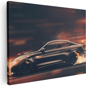 Artaza Canvas Schilderij Zwarte Sportwagen Auto Met Vlammen - 80x60 cm - Wanddecoratie Woonkamer - Schilderijen - Muurdecoratie