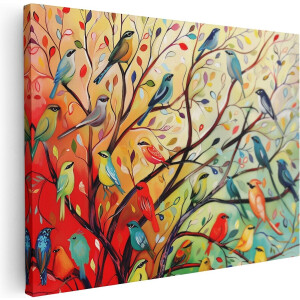 Artaza Canvas Schilderij Vogels - 80x60 cm - Wanddecoratie Boom - Muurdecoratie Kleurrijk - Schilderijen Op Canvas