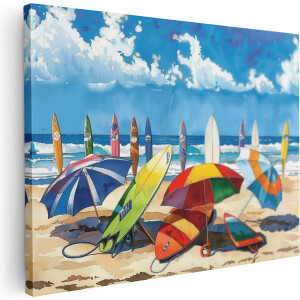 Artaza Canvas Schilderij Groep Surfplanken en Parasols op het Zand - 40x30 - Klein - Foto Op Canvas - Canvas Print