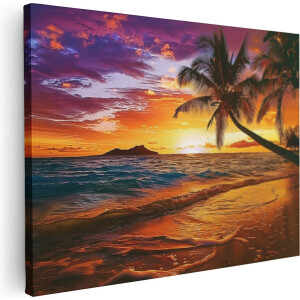 Artaza Canvas Schilderij Zonsondergang op een Strand met Palmbomen - 80x60 cm - Wanddecoratie Woonkamer - Schilderijen - Muurdecoratie