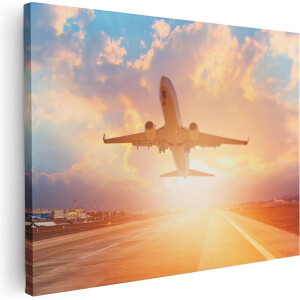 Artaza Canvas Schilderij Vliegtuig Stijgt Op Het Landingsbaan Met Zon - 40x30 - Klein - Foto Op Canvas - Canvas Print
